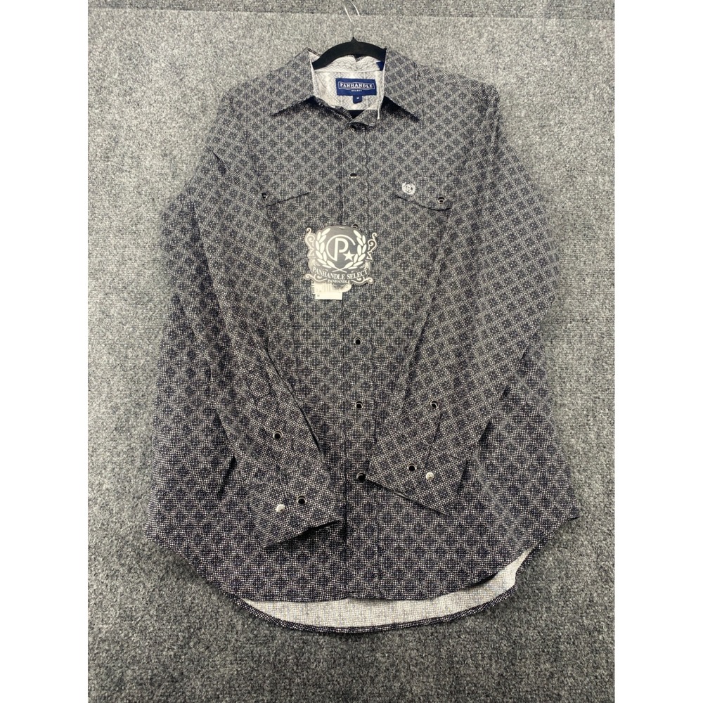 Panhandle Select Western Snap Shirt Mens Medium Silver Blue Geometric Print NWT